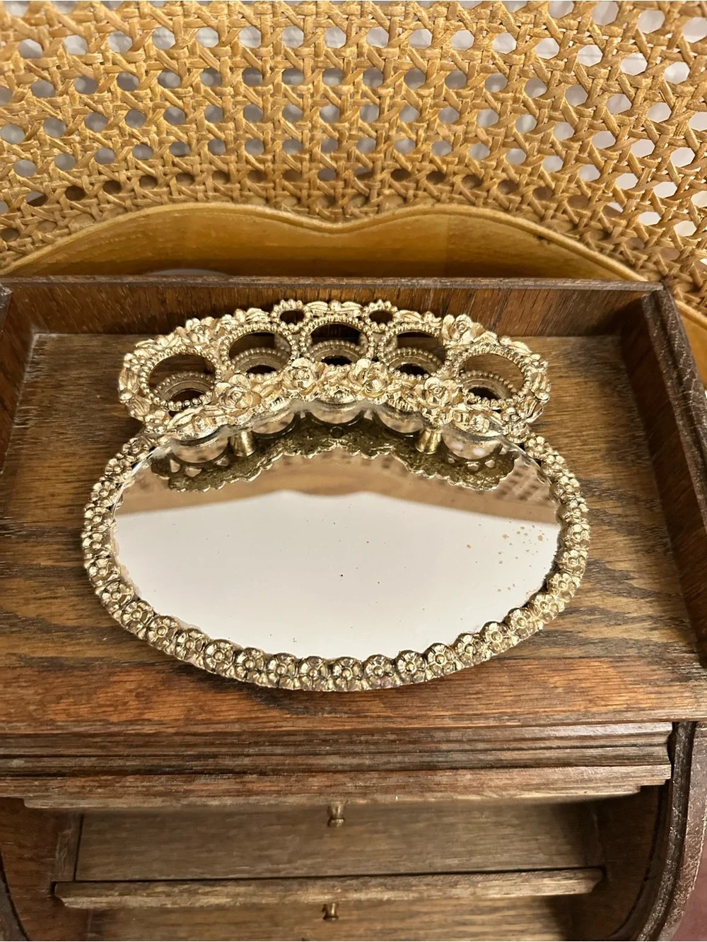 Gold Beaded Vanity Mirror Tray - Decorative Jewelry Organizer